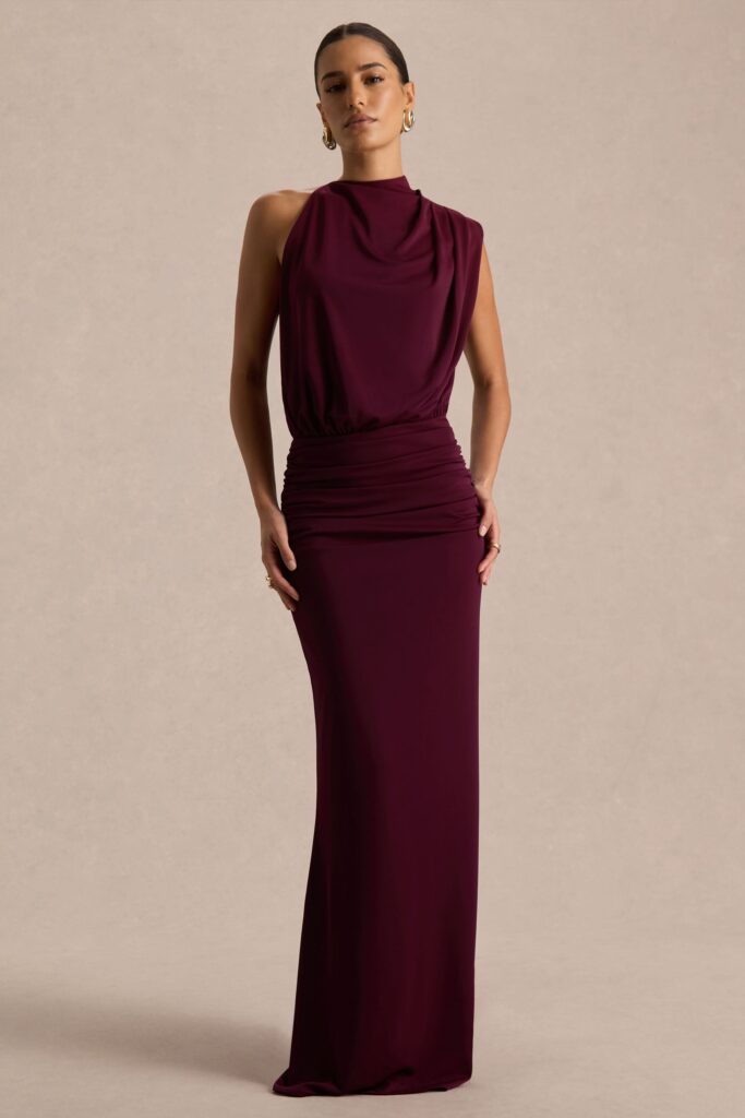 Club L London Umaira | Burgundy Ruched High Neck Maxi Dress With Draped Detailing - Image 1