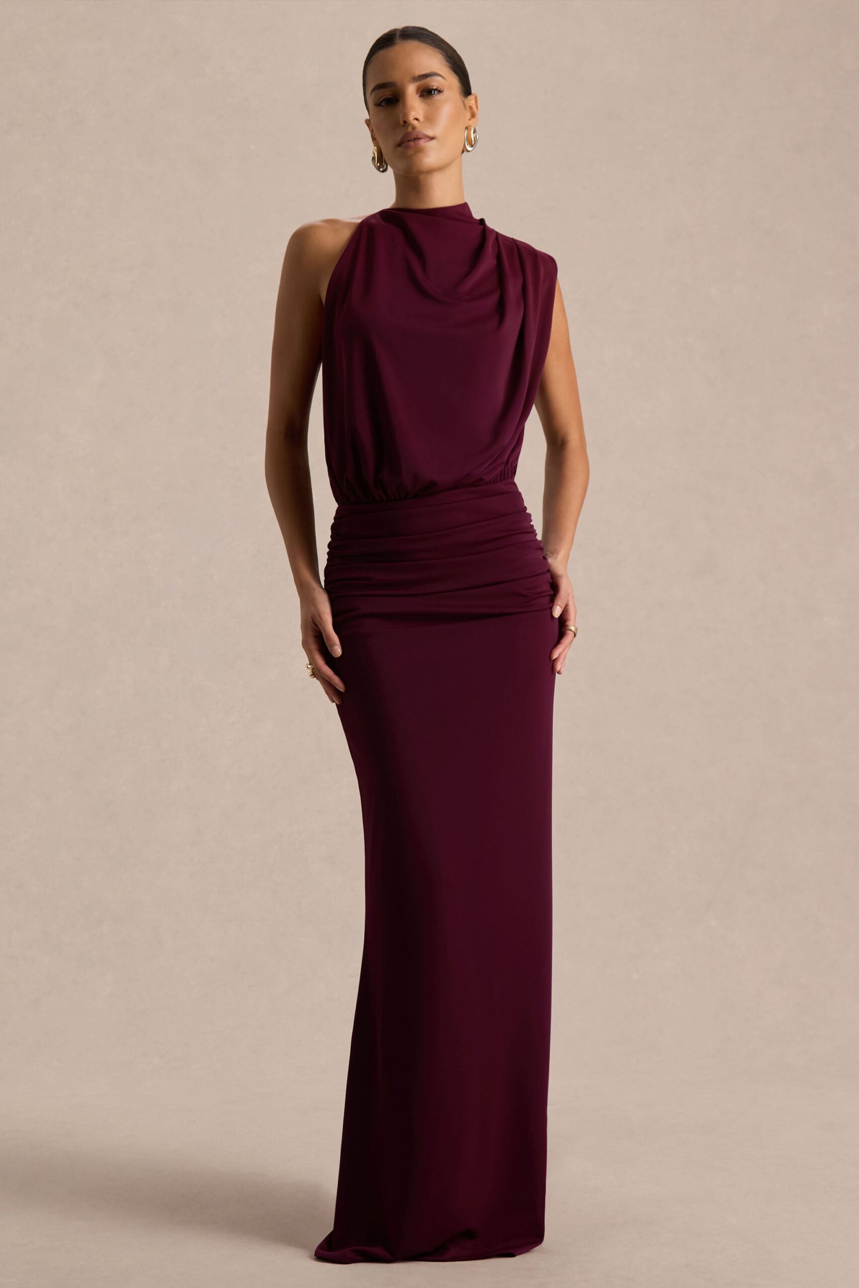 Club L London Umaira | Burgundy Ruched High Neck Maxi Dress With Draped Detailing - Image 1