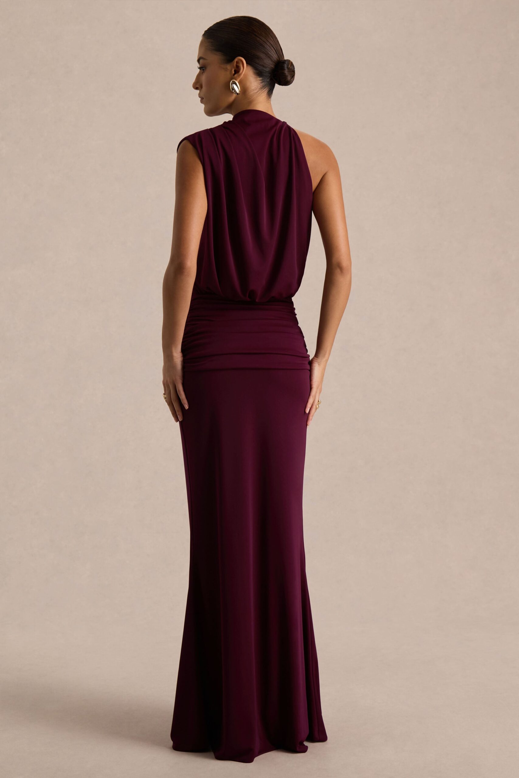 MNCLL131026150712155_2 Club L London Umaira | Burgundy Ruched High Neck Maxi Dress With Draped Detailing - Image 2