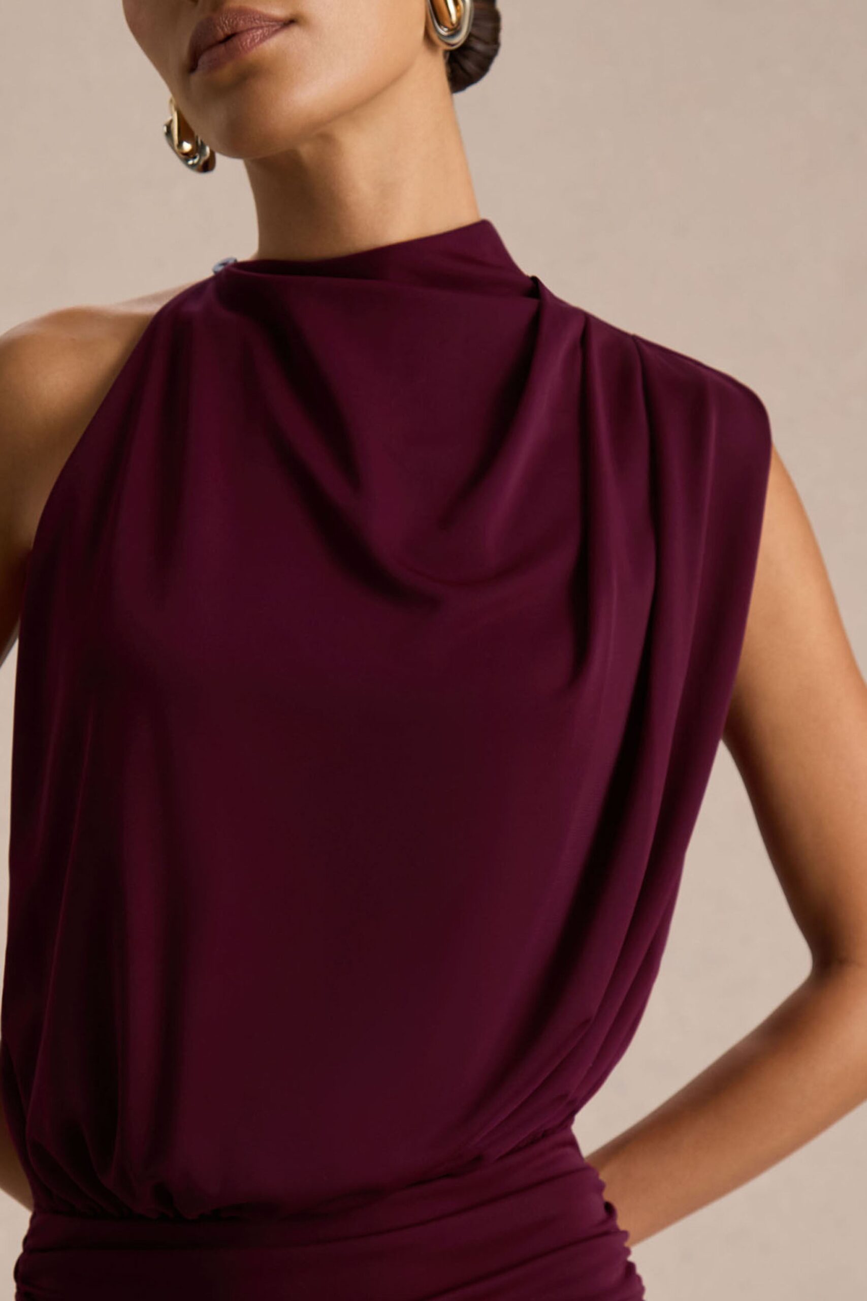 MNCLL131026150712155_3 Club L London Umaira | Burgundy Ruched High Neck Maxi Dress With Draped Detailing - Image 3