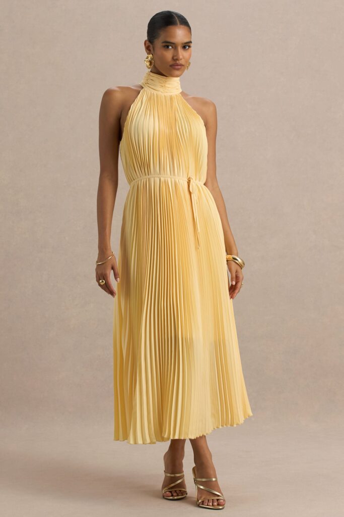 Club L London Tulip | Lemon Pleated High-Neck Midi Dress - Image 1