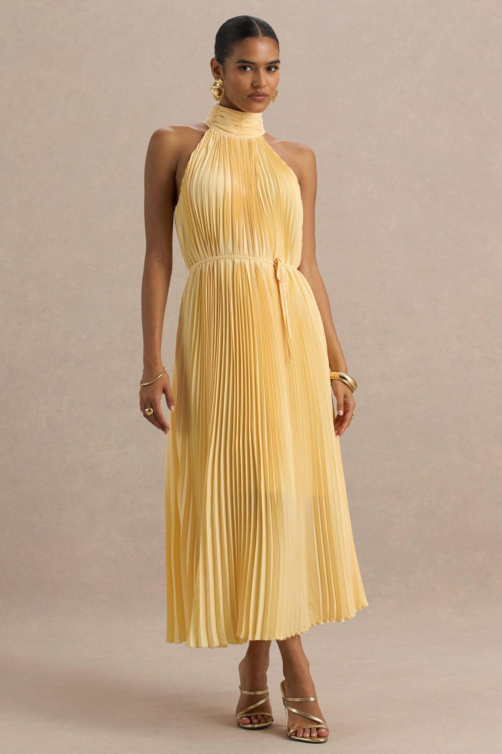 Club L London Tulip | Lemon Pleated High-Neck Midi Dress - Image 1