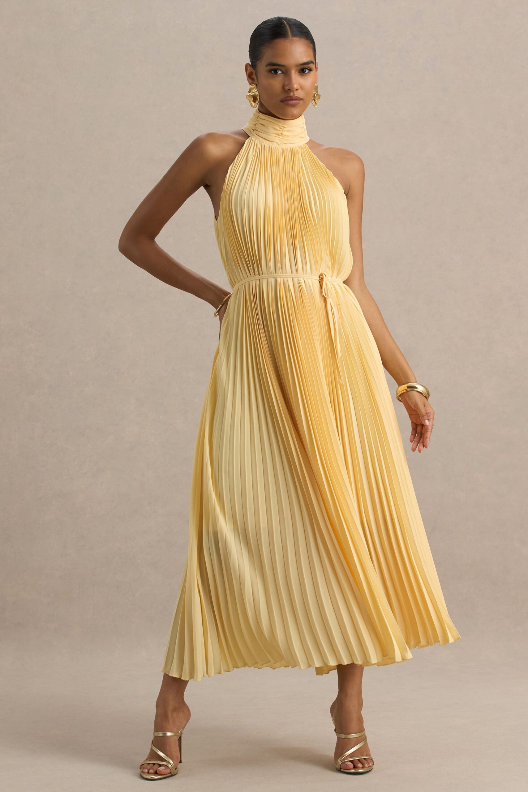 MNCLL131026150712162_3 Club L London Tulip | Lemon Pleated High-Neck Midi Dress - Image 3