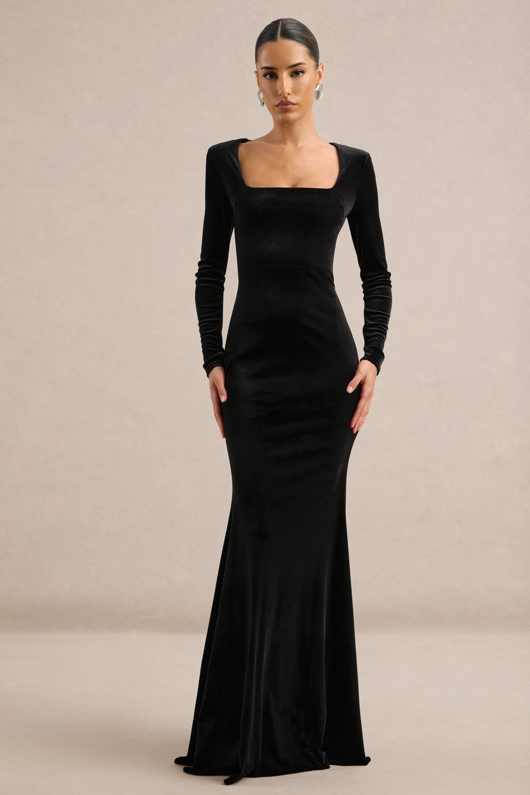 Club L London Torifina | Black Velvet Square Neck Long Sleeve Maxi Dress - Image 1