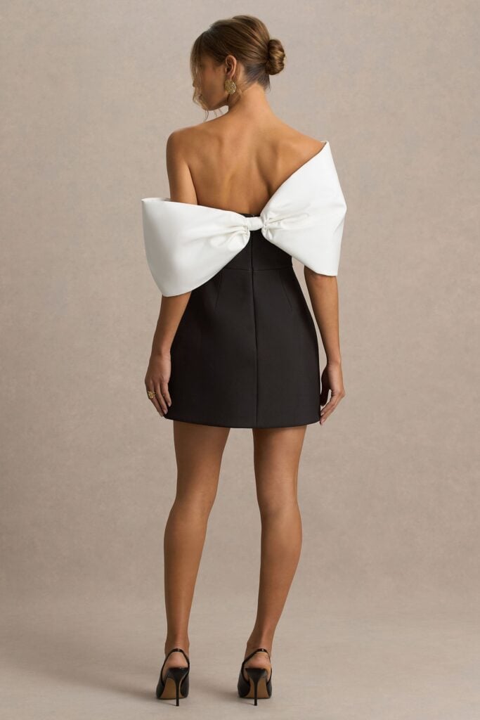 Club L London Tindra | Black And White Satin Bandeau-Neck Mini Dress With Bow Sleeves - Image 1