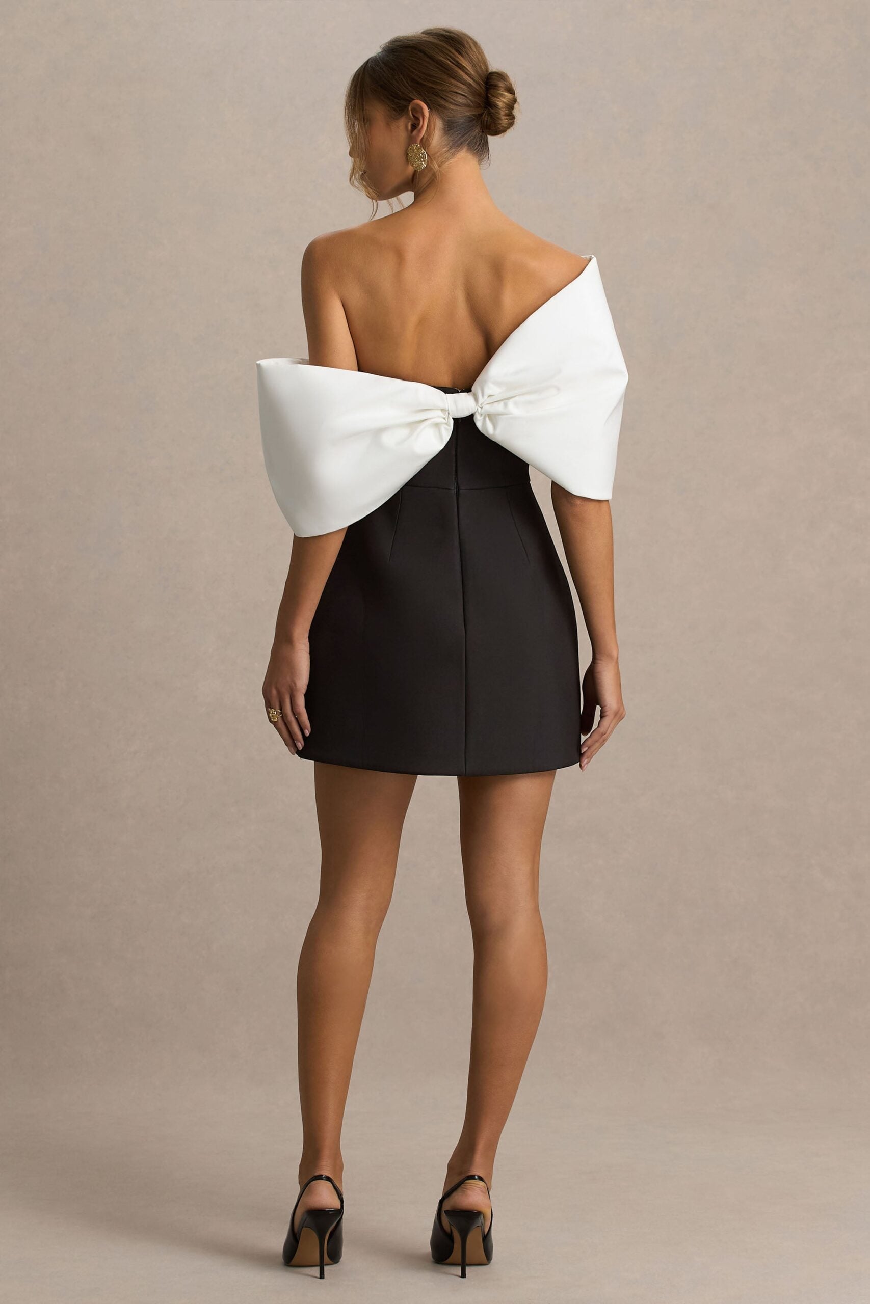 Club L London Tindra | Black And White Satin Bandeau-Neck Mini Dress With Bow Sleeves - Image 1