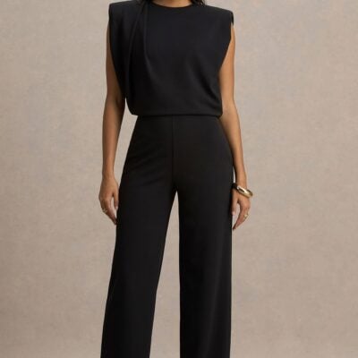 Club L London Tiff | Black Crew-Neck Jumpsuit With Draped Detailing - Image 1