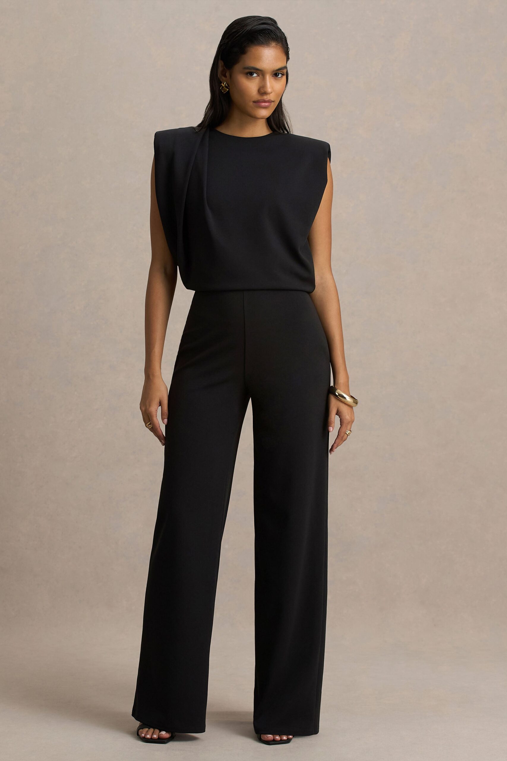 Club L London Tiff | Black Crew-Neck Jumpsuit With Draped Detailing - Image 1