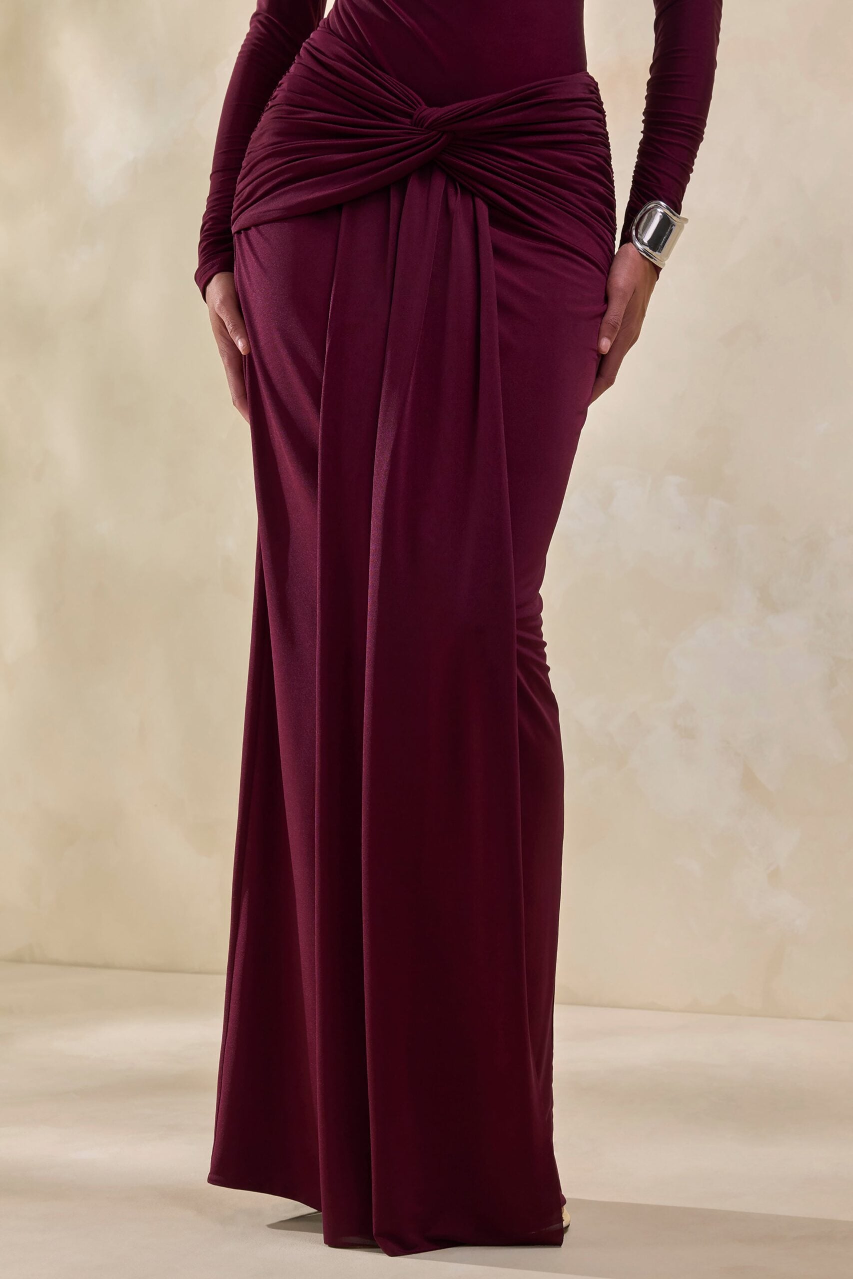 Club L London Theria | Burgundy Maxi Skirt With Gathering And Knot Detail - Image 1