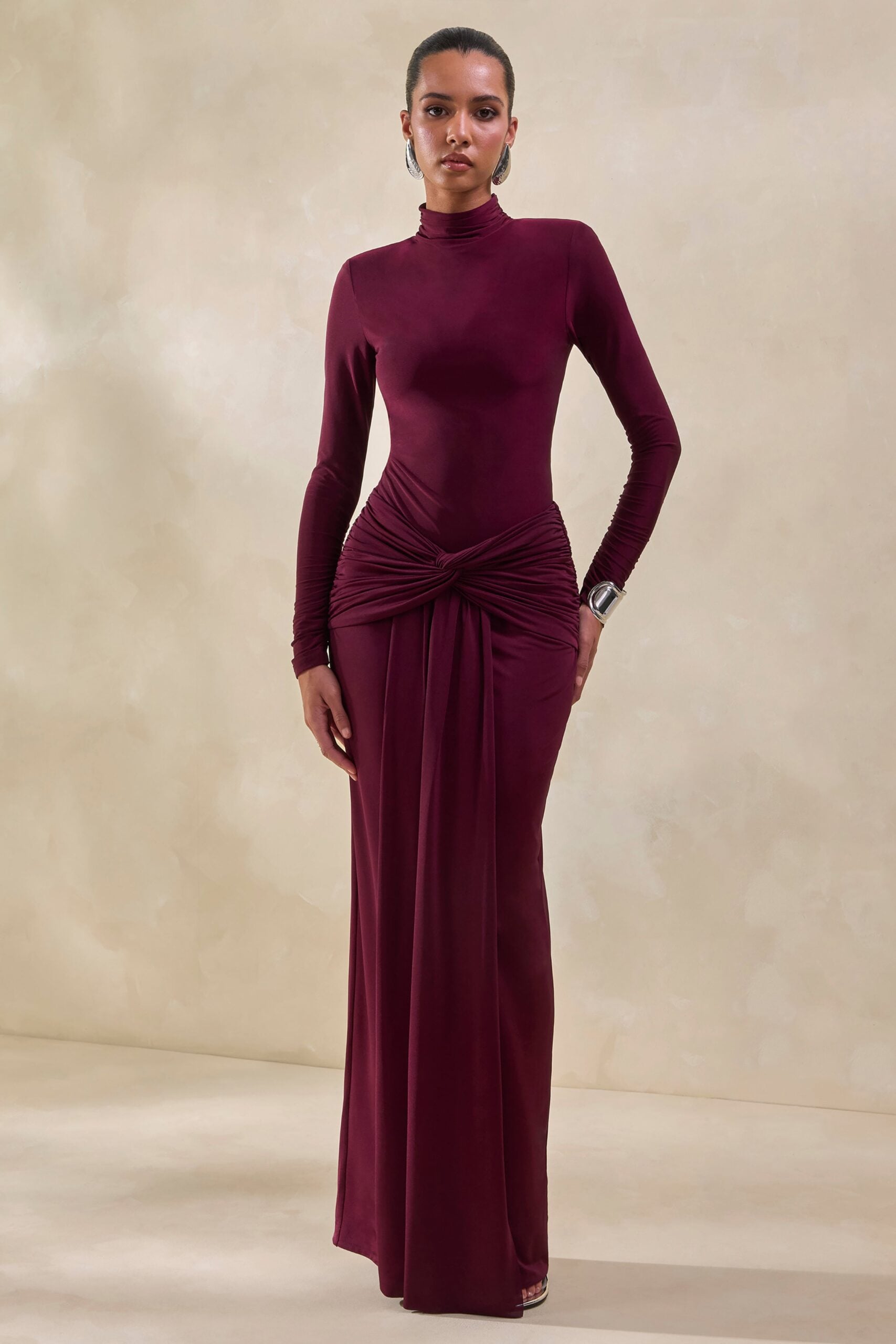 MNCLL131026150712186_2 Club L London Theria | Burgundy Maxi Skirt With Gathering And Knot Detail - Image 2