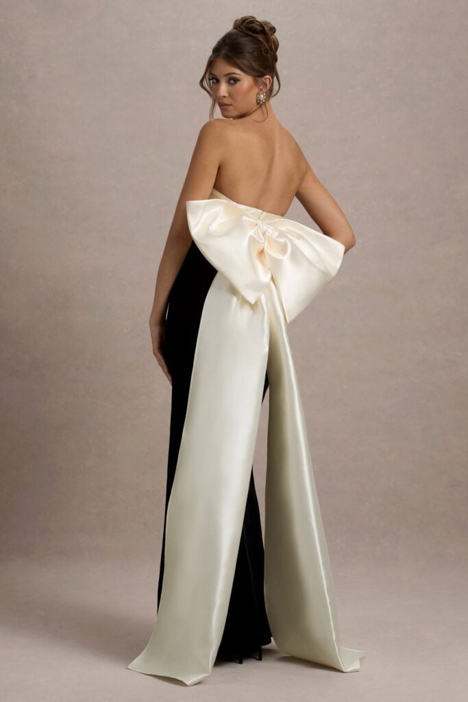 Club L London Take A Bow | Black & Cream Velvet Strapless Maxi Dress With Oversized Bow - Image 1