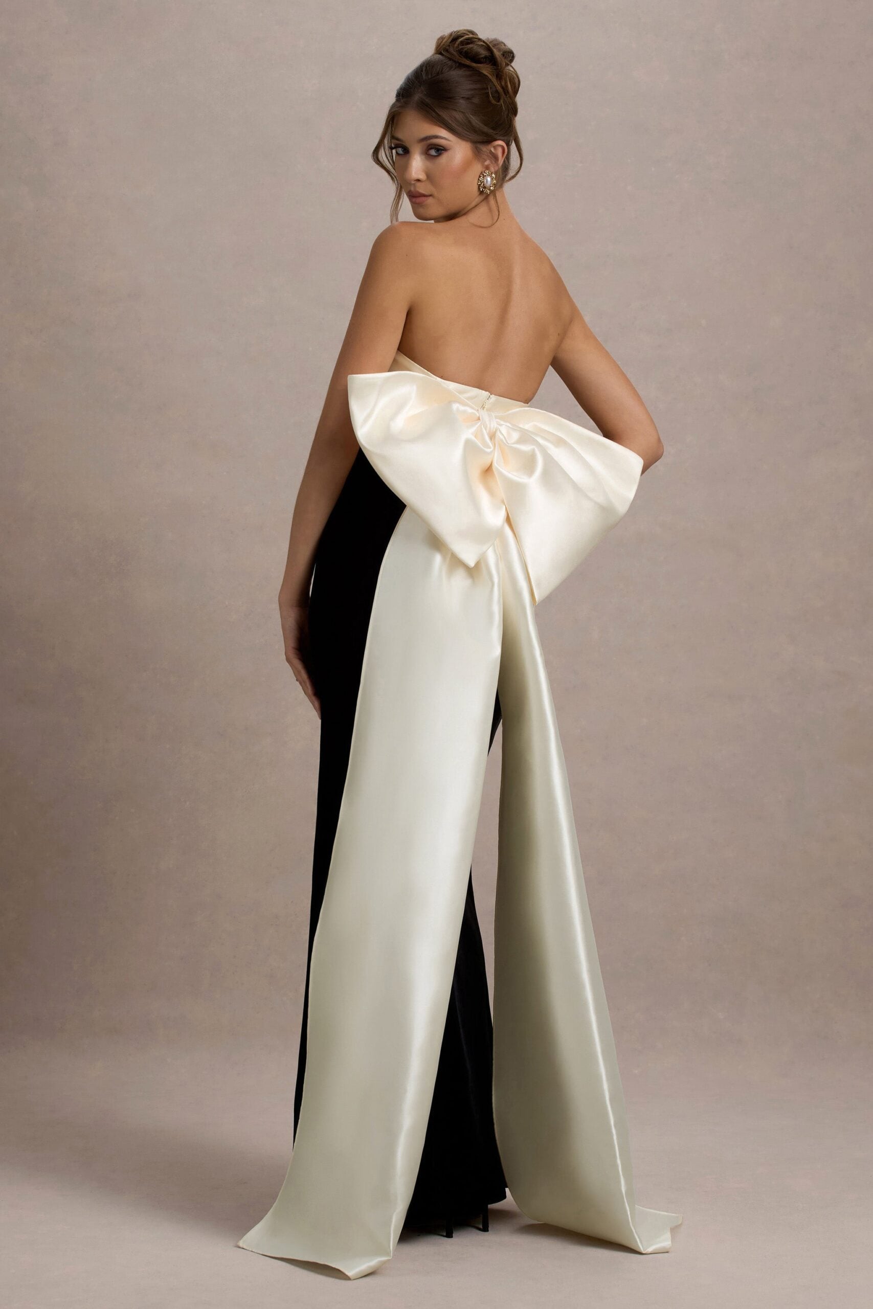 Club L London Take A Bow | Black & Cream Velvet Strapless Maxi Dress With Oversized Bow - Image 1