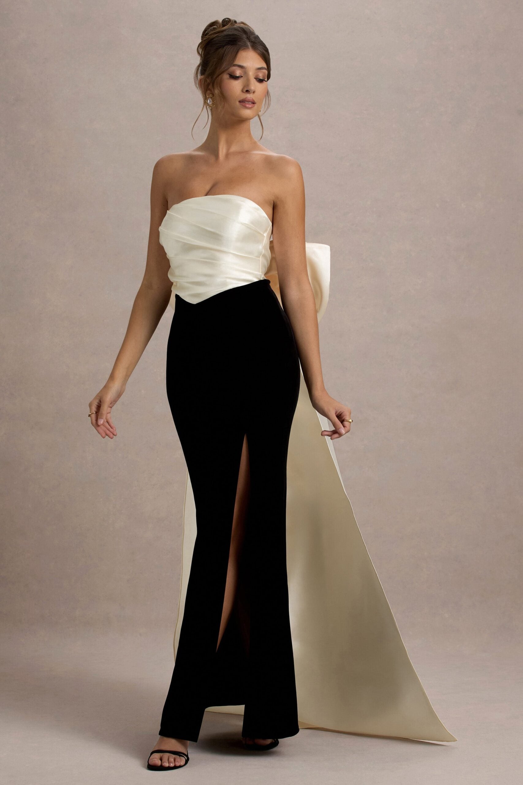 MNCLL131026150712213_2 Club L London Take A Bow | Black & Cream Velvet Strapless Maxi Dress With Oversized Bow - Image 2