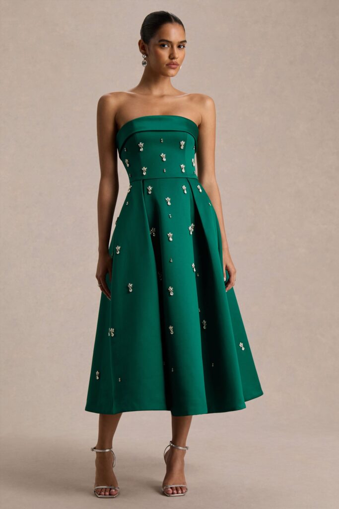 Club L London Sylvette | Dark Green Satin Bandeau Skater Midi Dress - Image 1