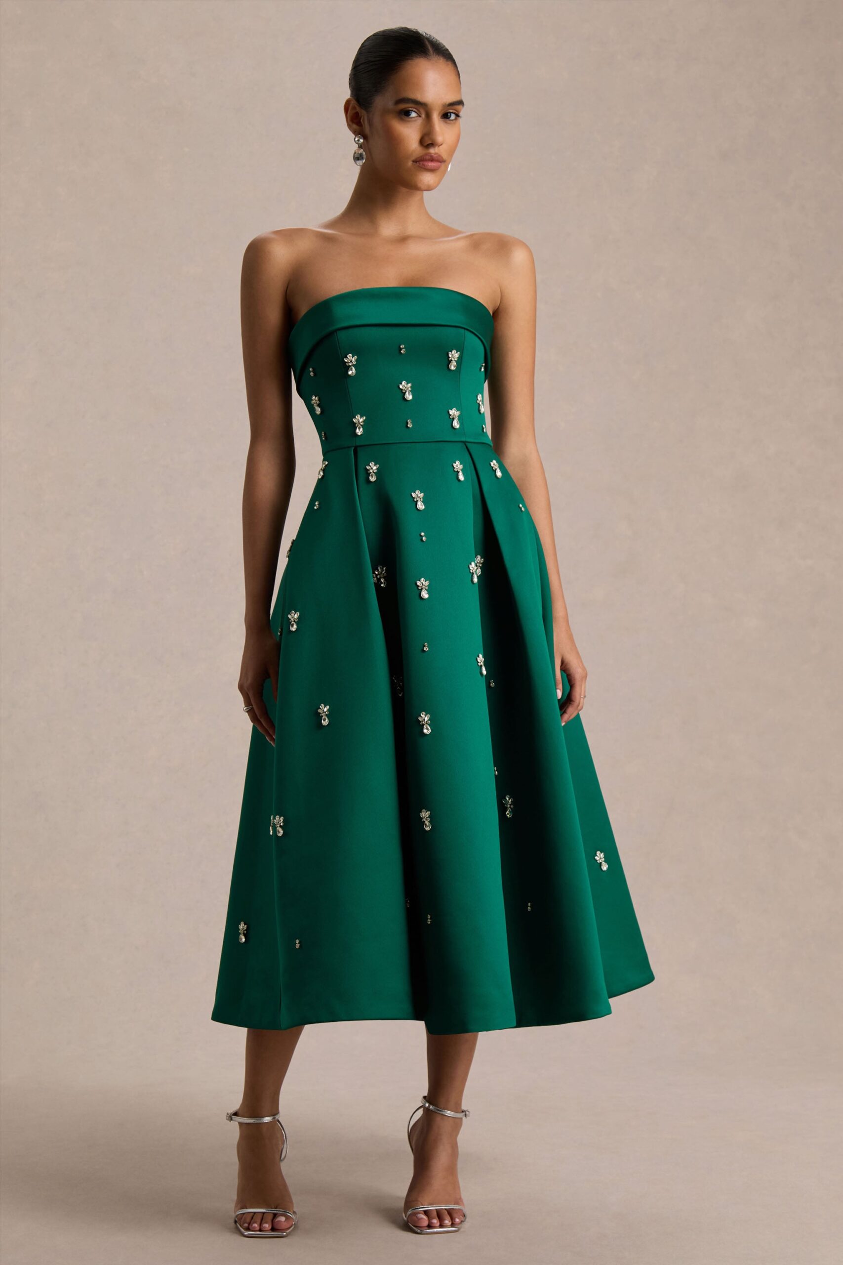 Club L London Sylvette | Dark Green Satin Bandeau Skater Midi Dress - Image 1