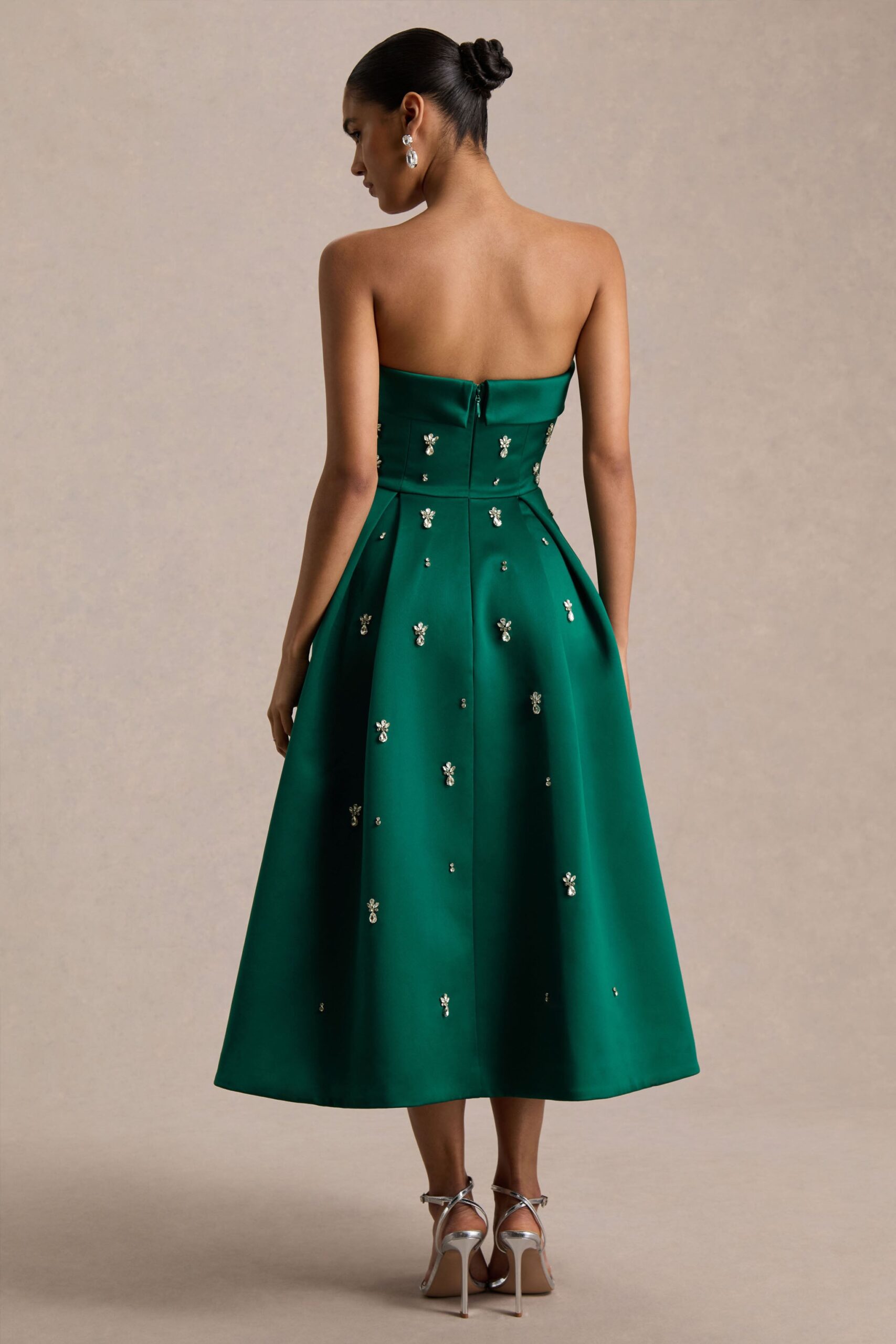 MNCLL131026150712221_2 Club L London Sylvette | Dark Green Satin Bandeau Skater Midi Dress - Image 2