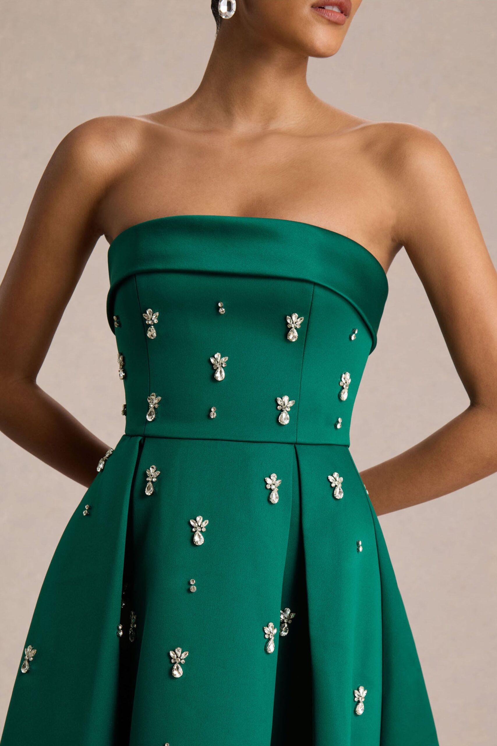 MNCLL131026150712221_3 Club L London Sylvette | Dark Green Satin Bandeau Skater Midi Dress - Image 3