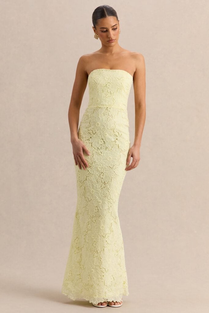 Club L London Suzie | Lemon Lace Bandeau Maxi Dress - Image 1