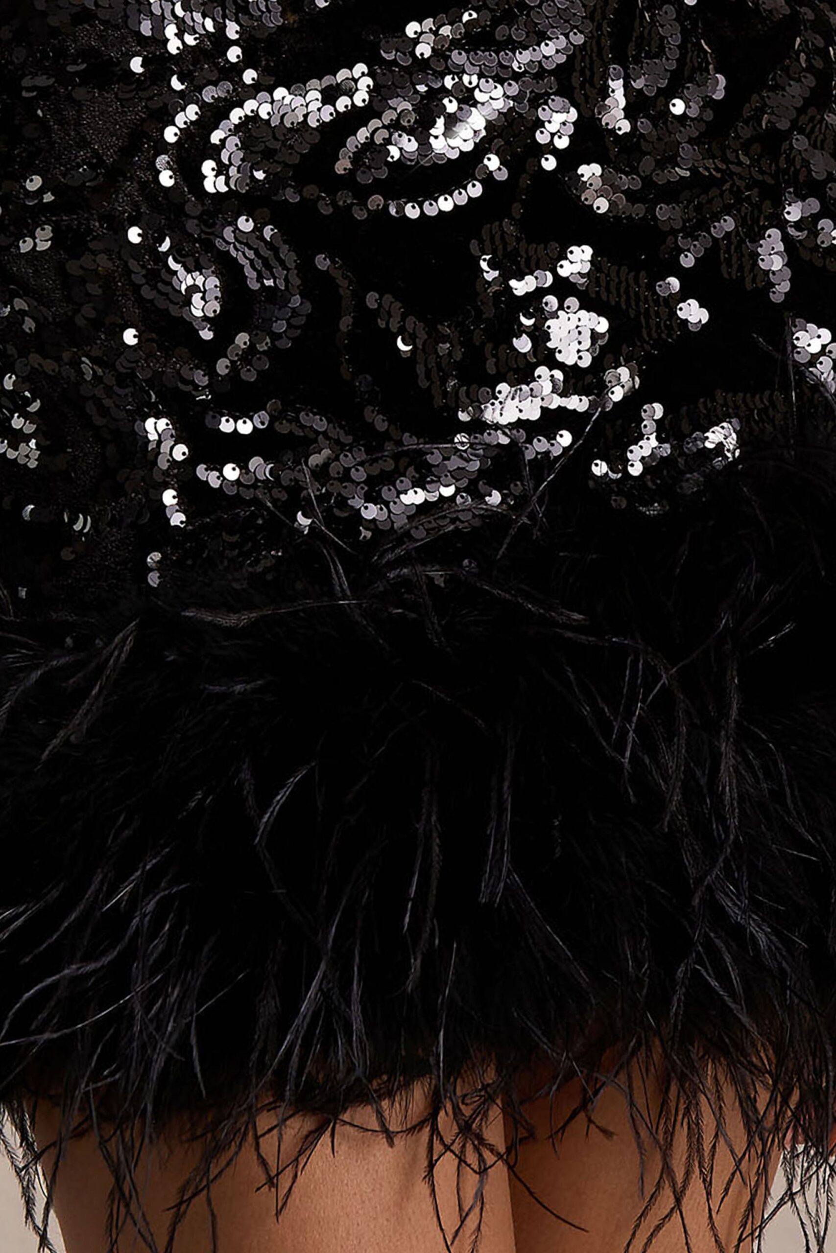 MNCLL131026150712249_3 Club L London Stardust | Black Sequined Velvet Crew-Neck Mini Dress With Feather Trim - Image 3