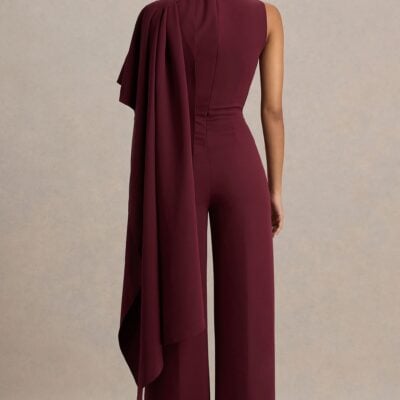 Club L London Sorenia | Burgundy High-Neck Jumpsuit With One-Cape Sleeve - Image 2