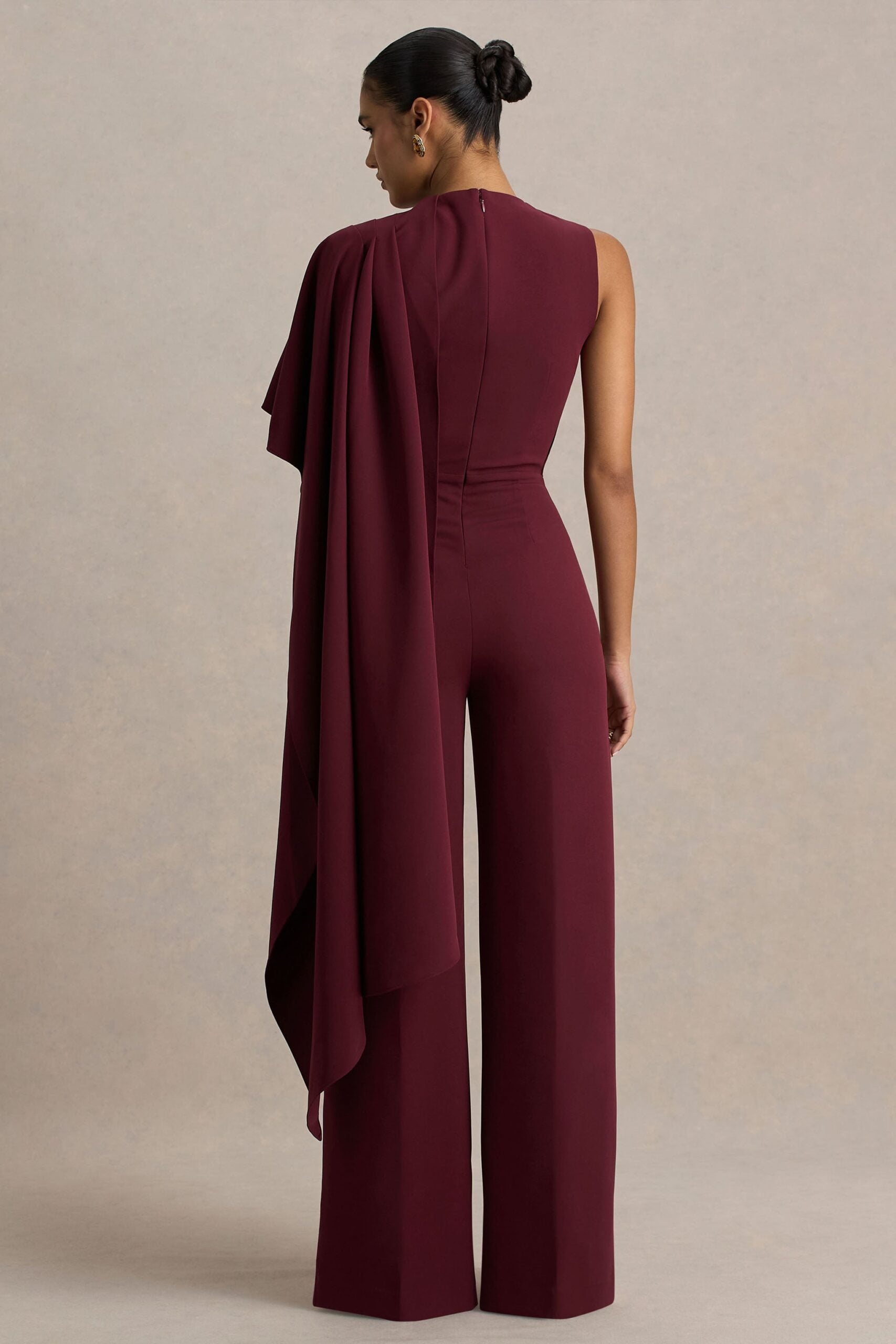MNCLL131026150712258_2 Club L London Sorenia | Burgundy High-Neck Jumpsuit With One-Cape Sleeve - Image 2