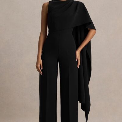 Club L London Sorenia | Black High-Neck Jumpsuit With One-Cape Sleeve - Image 1