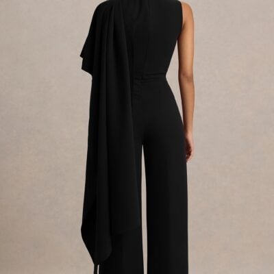 Club L London Sorenia | Black High-Neck Jumpsuit With One-Cape Sleeve - Image 2