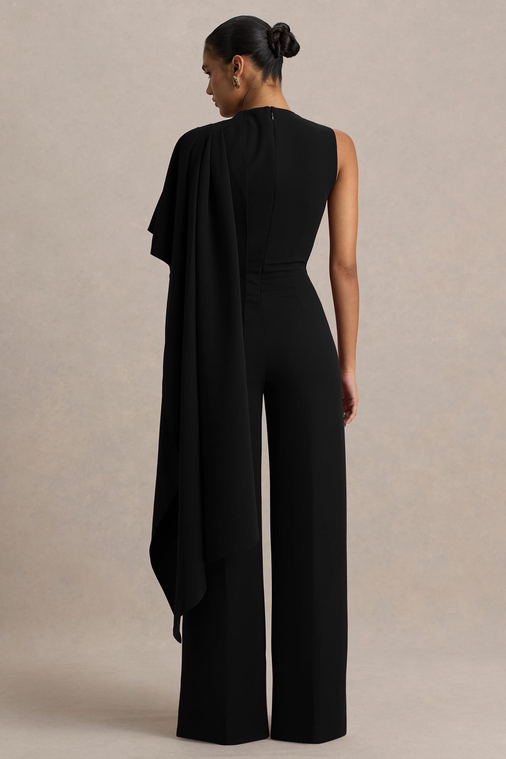 MNCLL131026150712259_2 Club L London Sorenia | Black High-Neck Jumpsuit With One-Cape Sleeve - Image 2