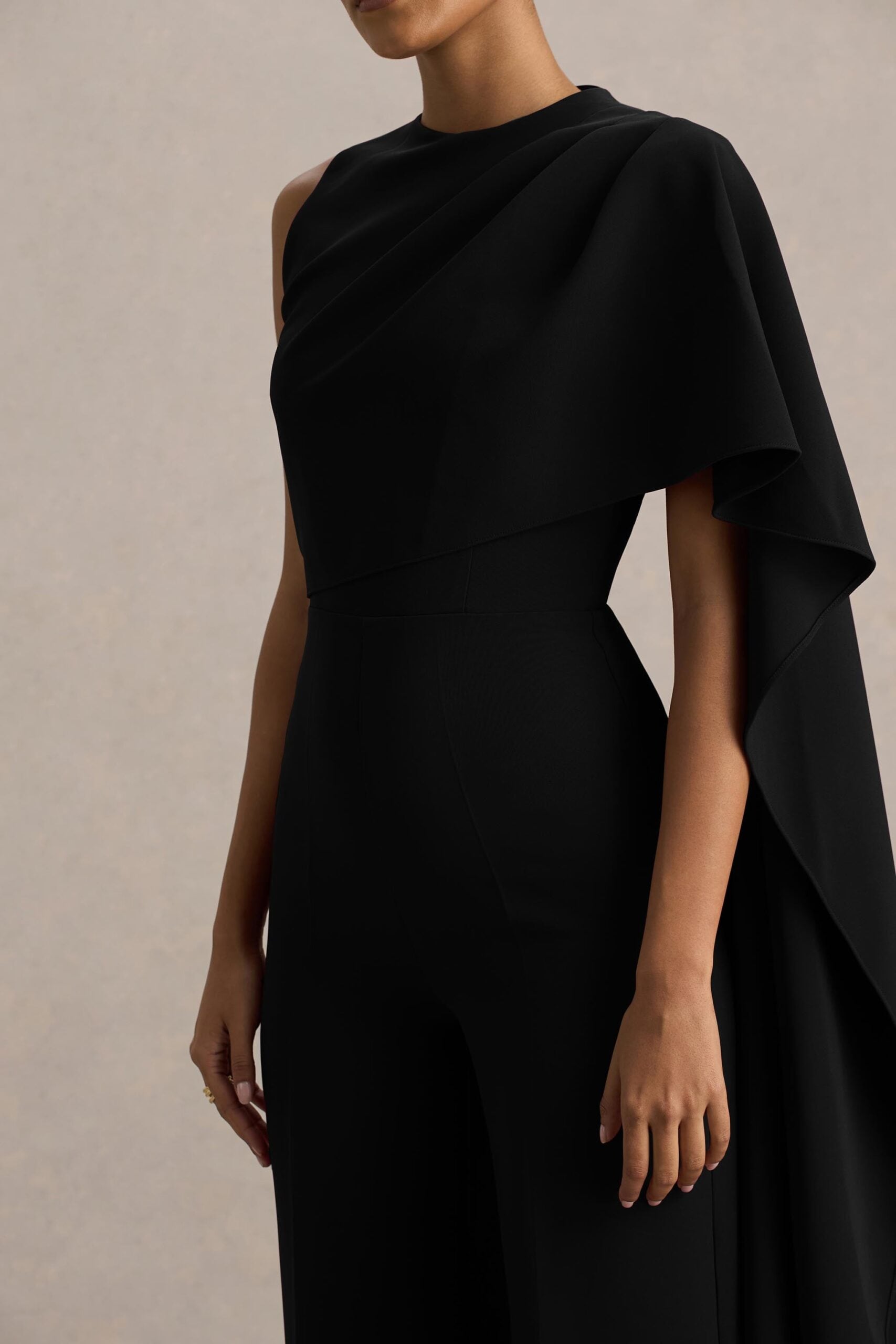 MNCLL131026150712259_3 Club L London Sorenia | Black High-Neck Jumpsuit With One-Cape Sleeve - Image 3
