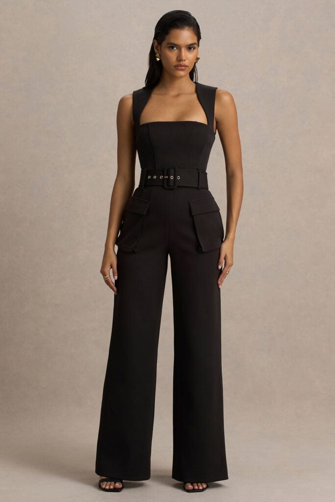 Club L London Solice | Black Square-Neck Tailored Jumpsuit - Image 1