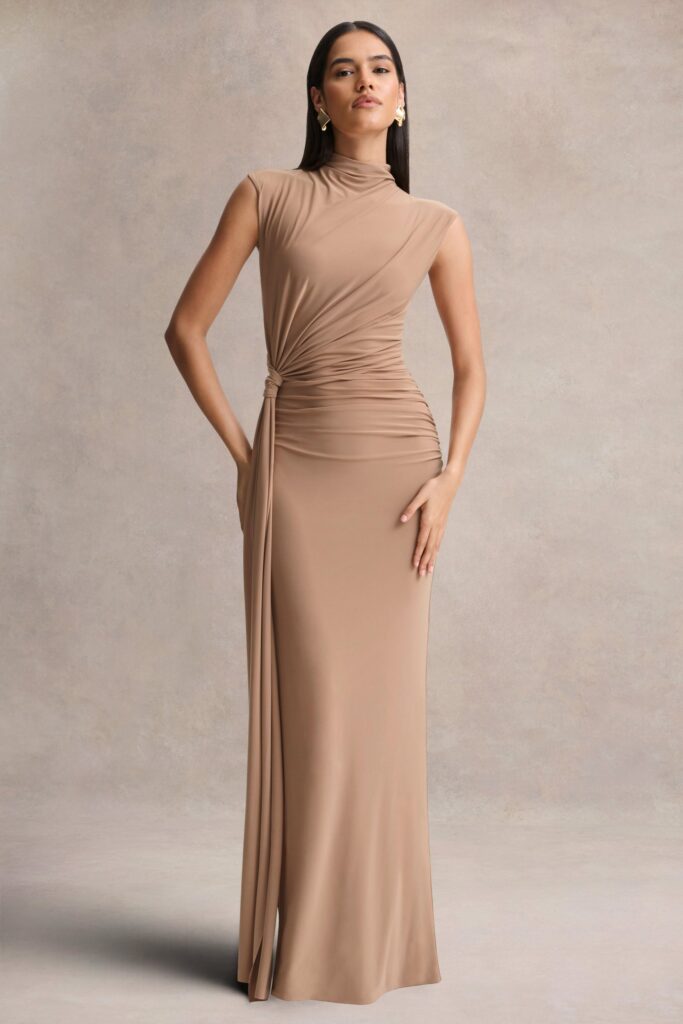 Club L London Solene | Brown High-Neck Maxi Dress With Wrap And Drape Detail - Image 1