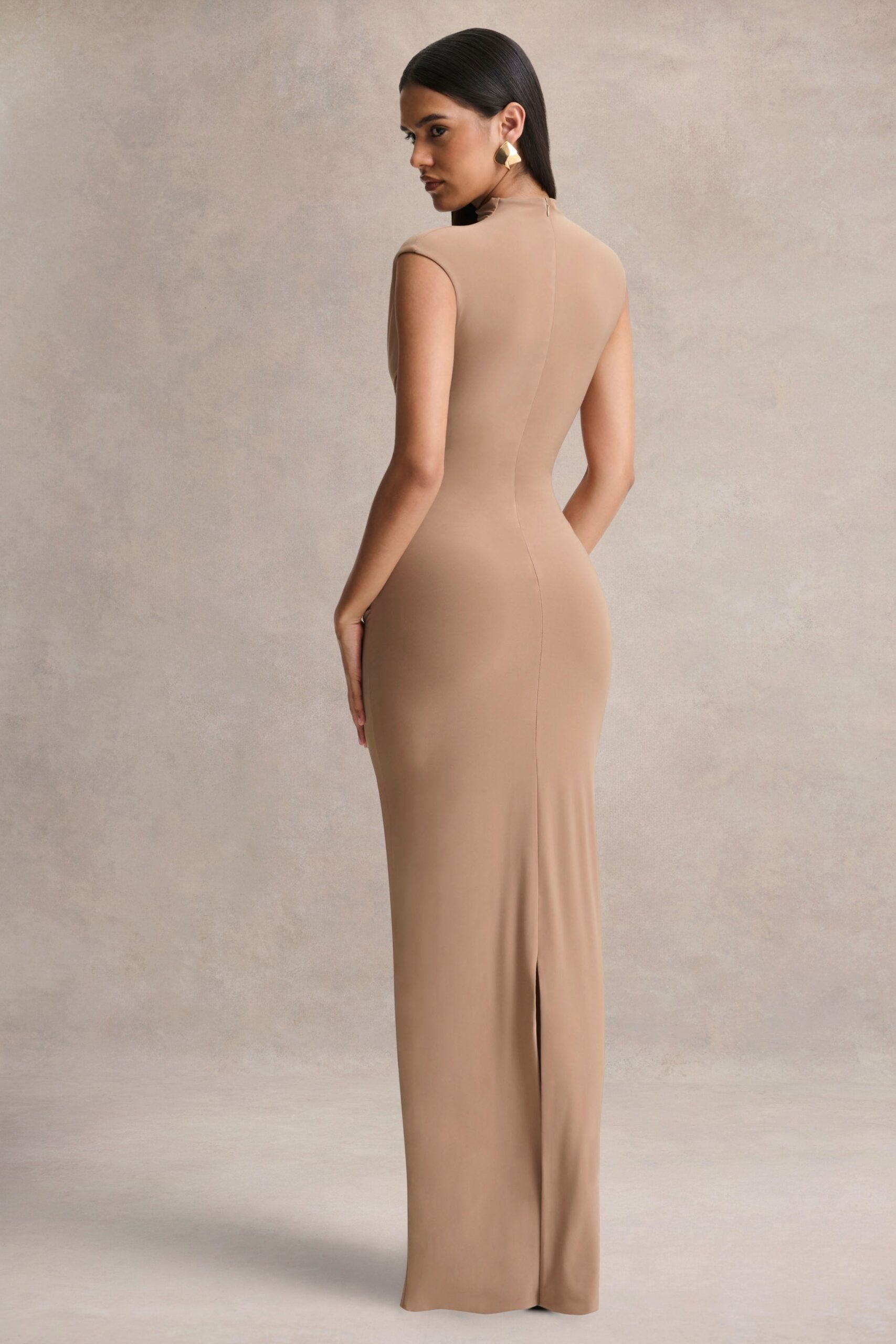 Club L London Solene | Brown High-Neck Maxi Dress With Wrap And Drape Detail - Image 2
