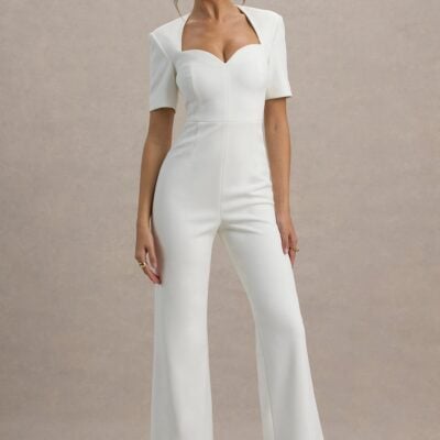 Club L London Simone | White Sweetheart Short-Sleeve Wide-Leg Jumpsuit - Image 1