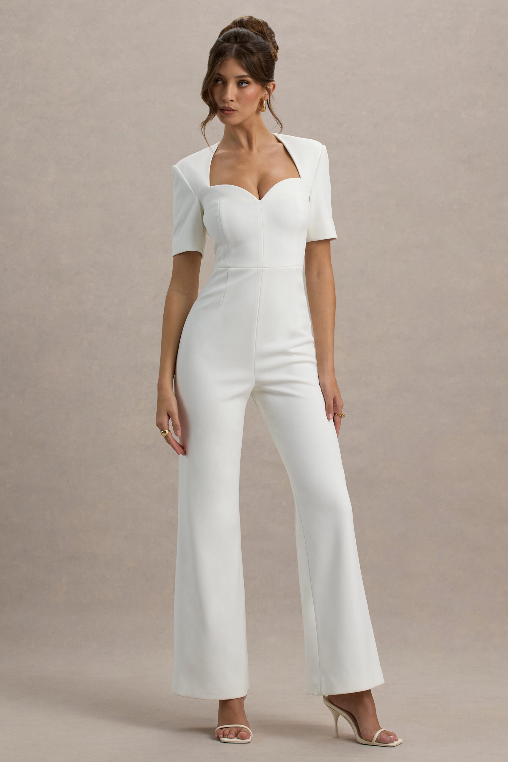 Club L London Simone | White Sweetheart Short-Sleeve Wide-Leg Jumpsuit - Image 1