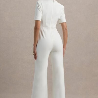 Club L London Simone | White Sweetheart Short-Sleeve Wide-Leg Jumpsuit - Image 2