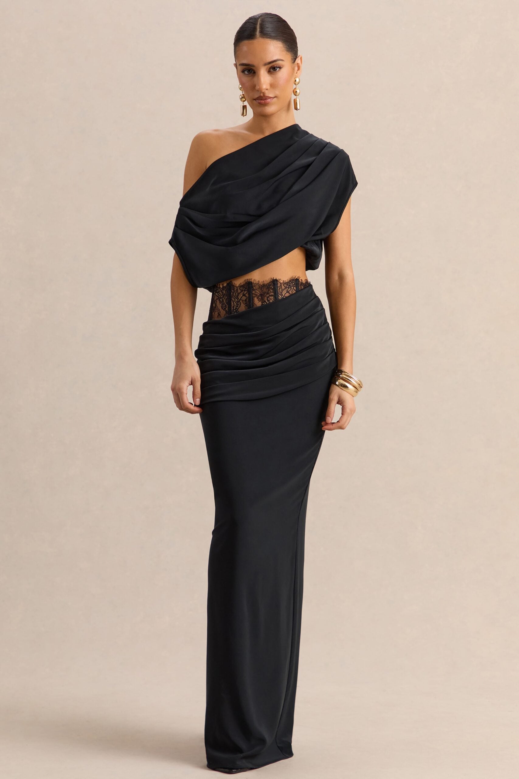 MNCLL131026150712285_2 Club L London Silora | Black Satin Mid Rise Maxi Skirt With Sheer Lace Panel And Draped Detailing - Image 2
