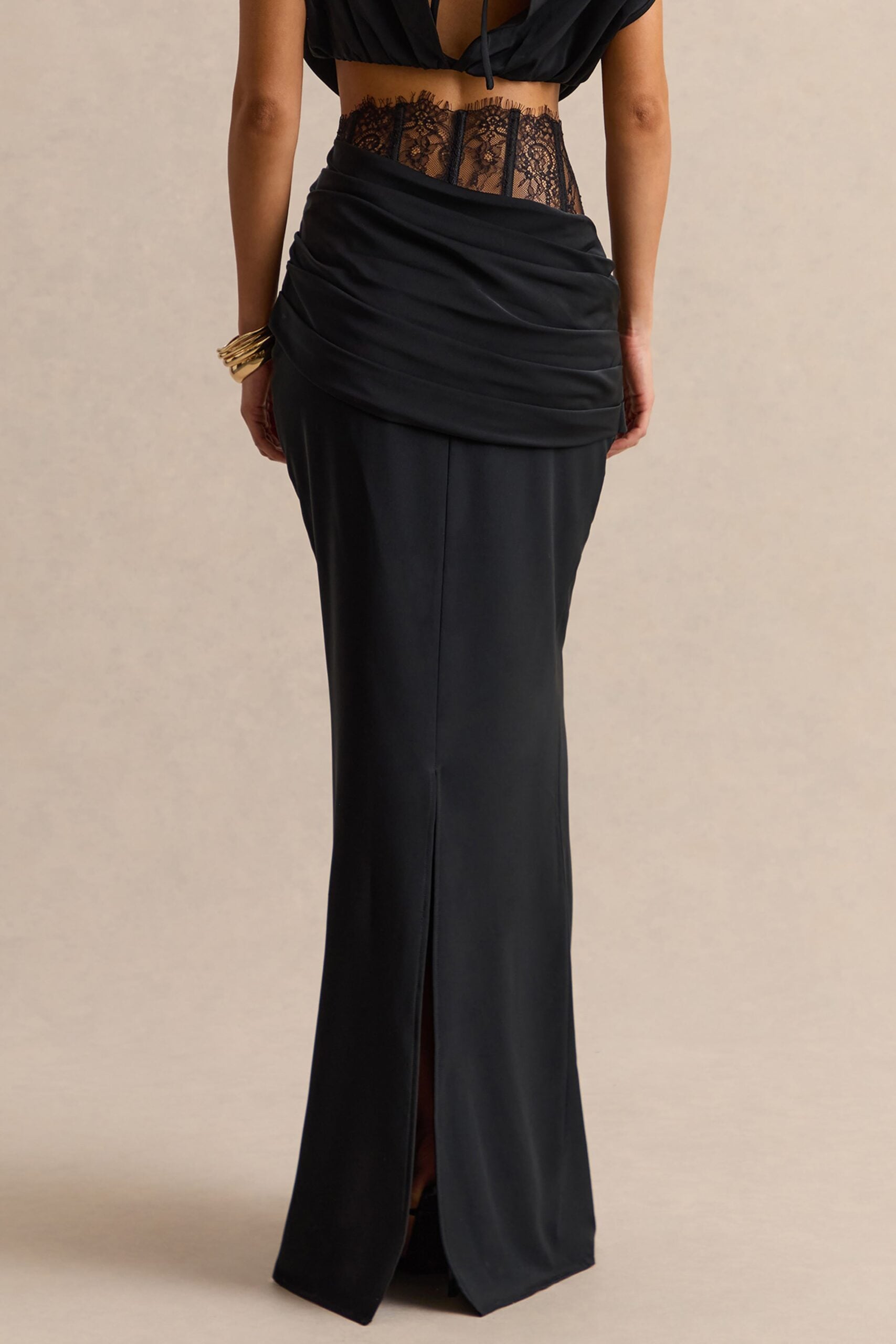 MNCLL131026150712285_3 Club L London Silora | Black Satin Mid Rise Maxi Skirt With Sheer Lace Panel And Draped Detailing - Image 3