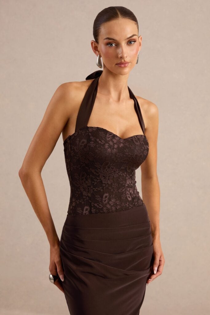 Club L London Serenea | Dark Brown Lace Sweetheart Neck Bodysuit With Satin Tie Back - Image 1