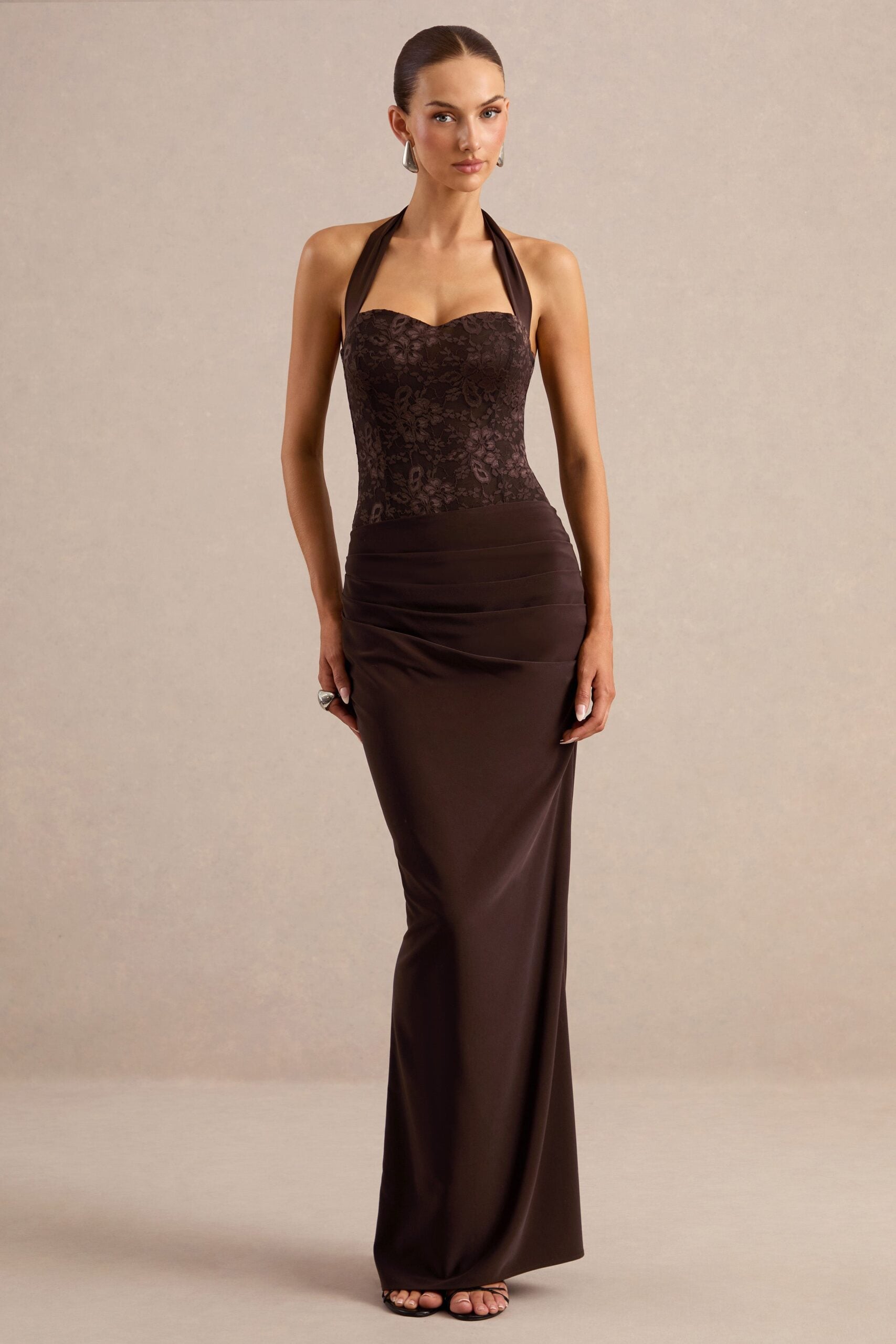 MNCLL131026150712298_3 Club L London Serenea | Dark Brown Lace Sweetheart Neck Bodysuit With Satin Tie Back - Image 3