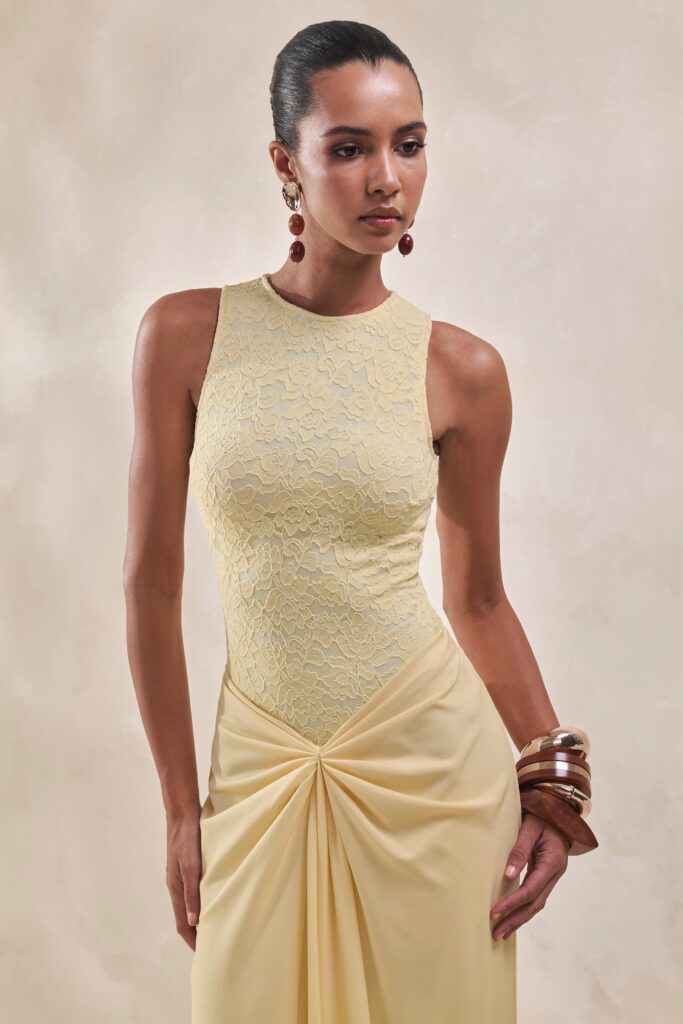 Club L London Serale | Lemon Lace Round-Neck Bodysuit - Image 1