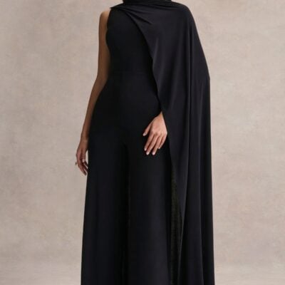 Club L London Seema | Black High-Neck Jumpsuit With Cape - Image 1