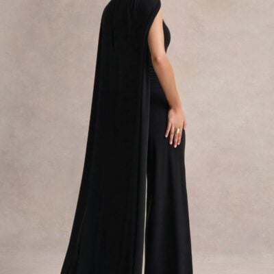 Club L London Seema | Black High-Neck Jumpsuit With Cape - Image 2