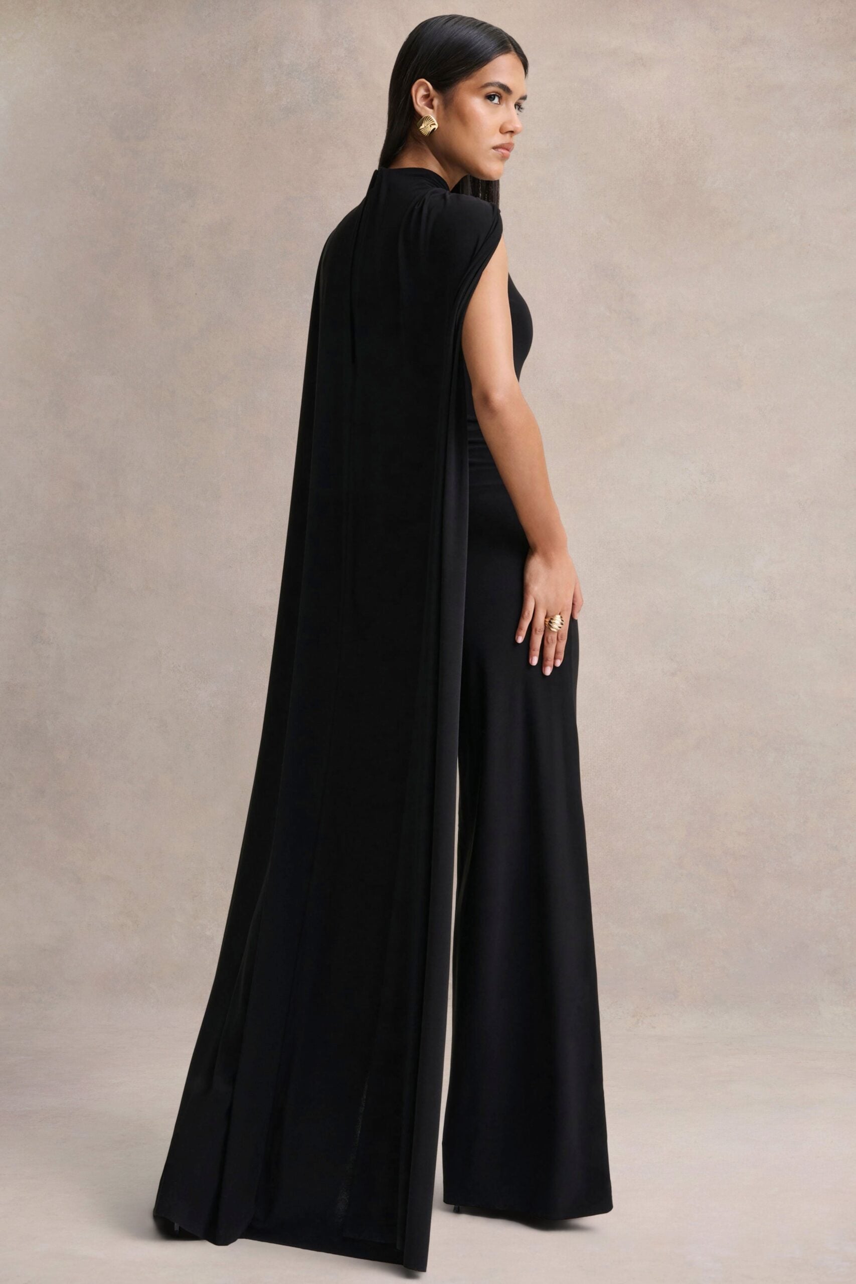 Club L London Seema | Black High-Neck Jumpsuit With Cape - Image 2