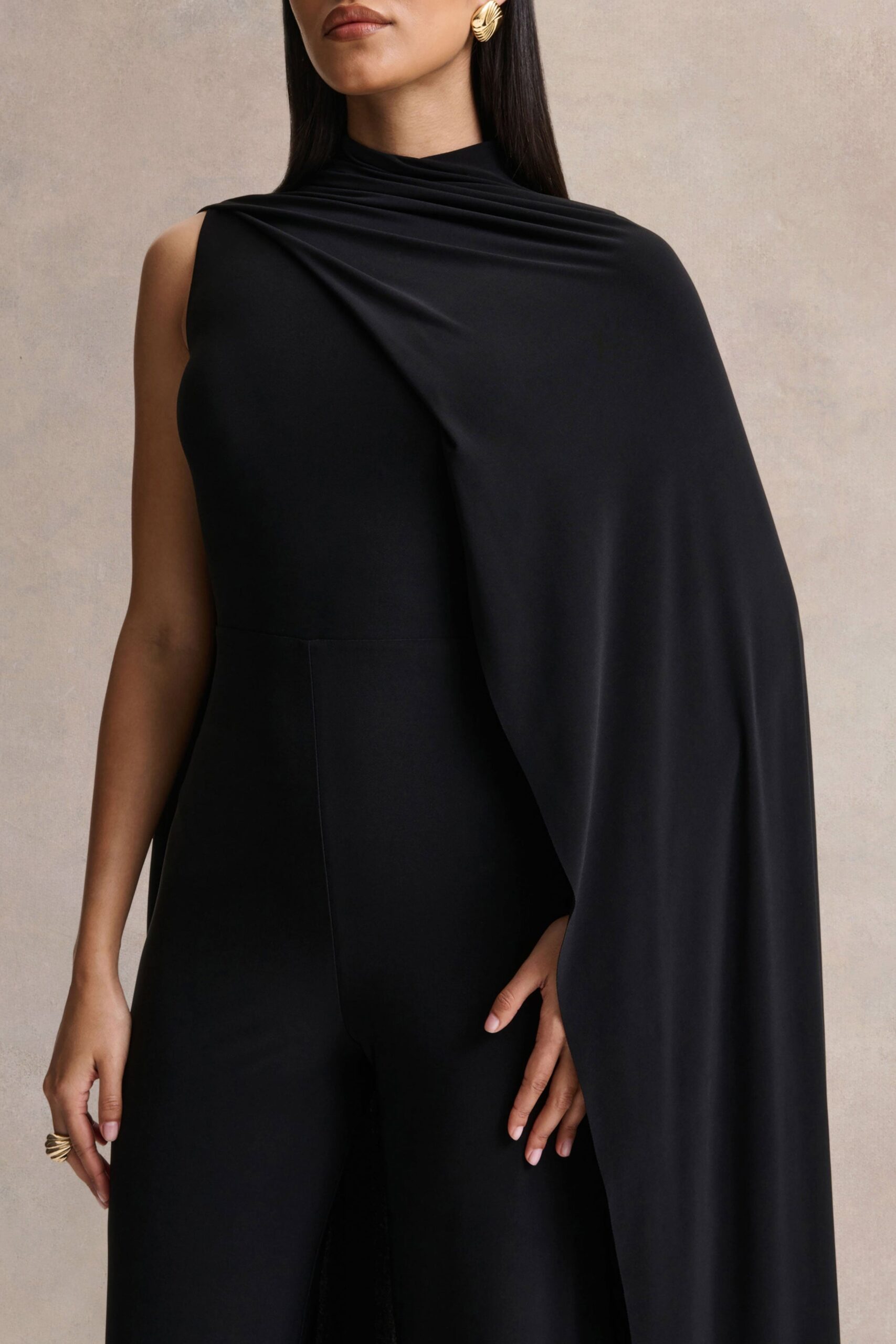 Club L London Seema | Black High-Neck Jumpsuit With Cape - Image 3