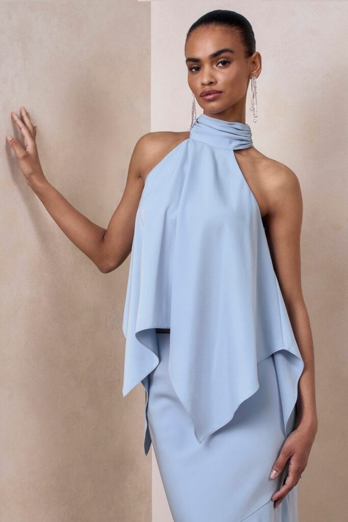 Club L London Sancelle | Powder Blue Satin High Neck Top With Ruching - Image 1