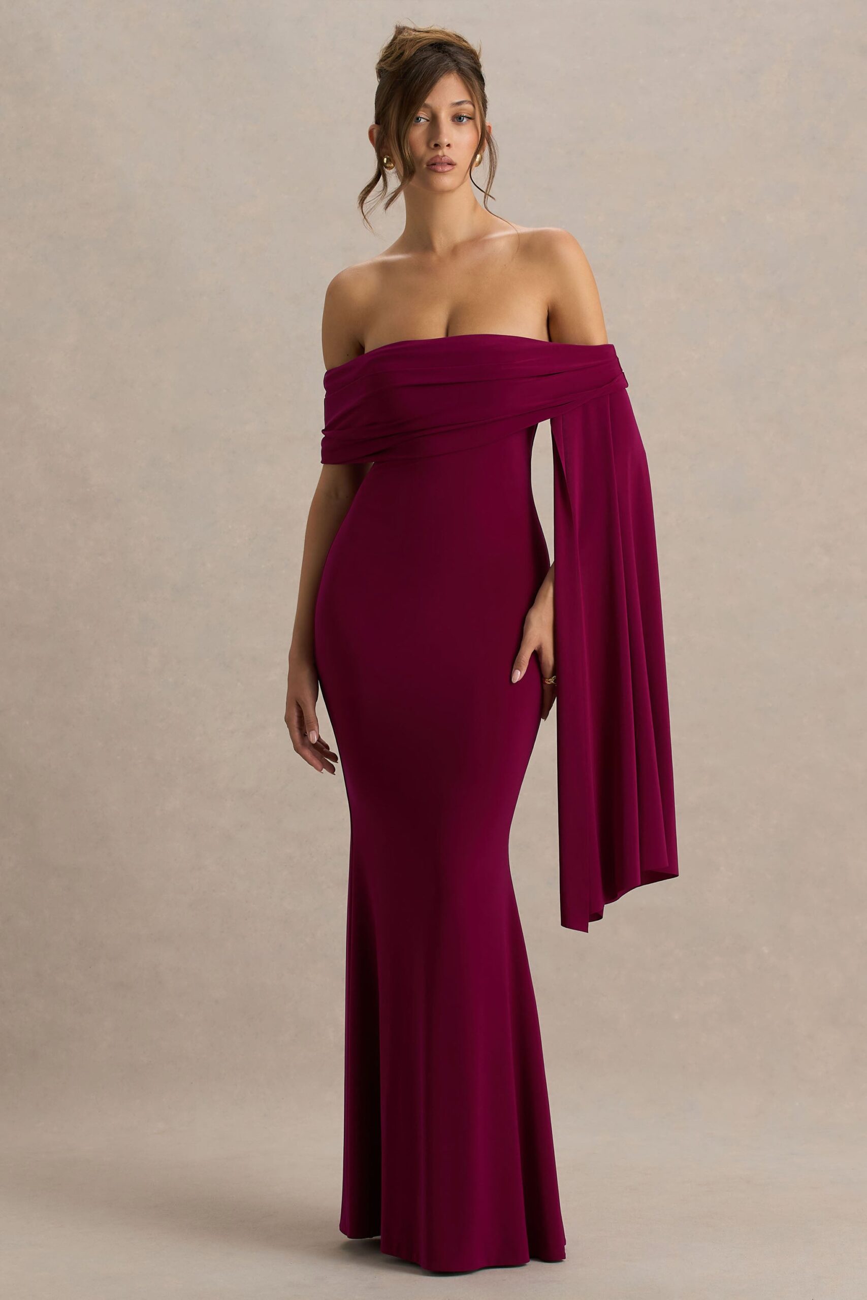 Club L London Saffina | Burgundy Bardot-Neck Maxi Dress With Sash Detail - Image 1