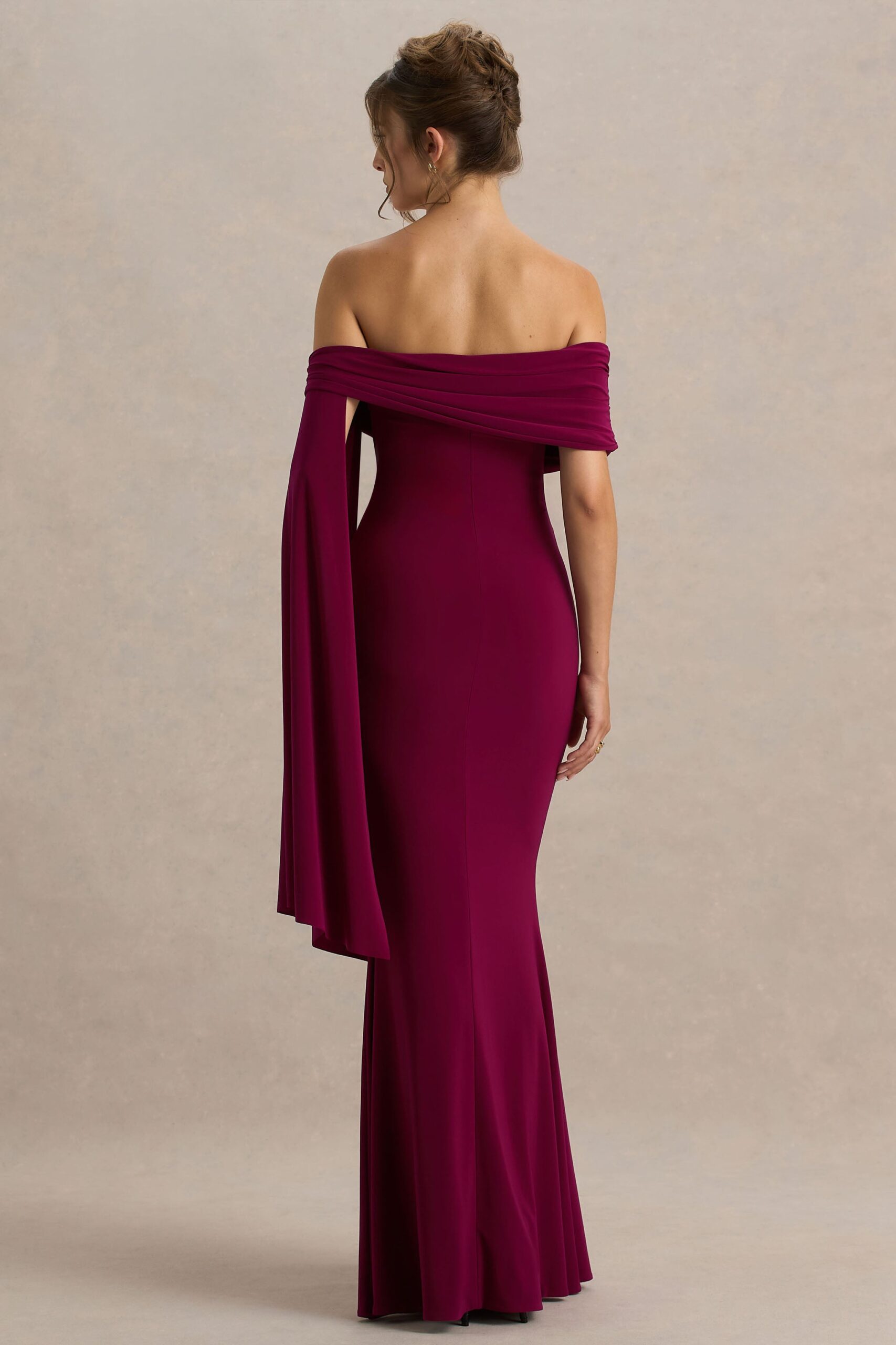 MNCLL131026150712350_2 Club L London Saffina | Burgundy Bardot-Neck Maxi Dress With Sash Detail - Image 2