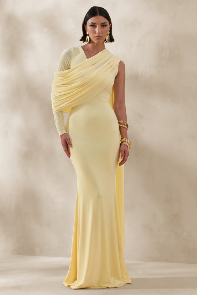 Club L London Rubelle | Lemon Asymmetric-Neck Maxi Dress With Draped-Detailing - Image 1