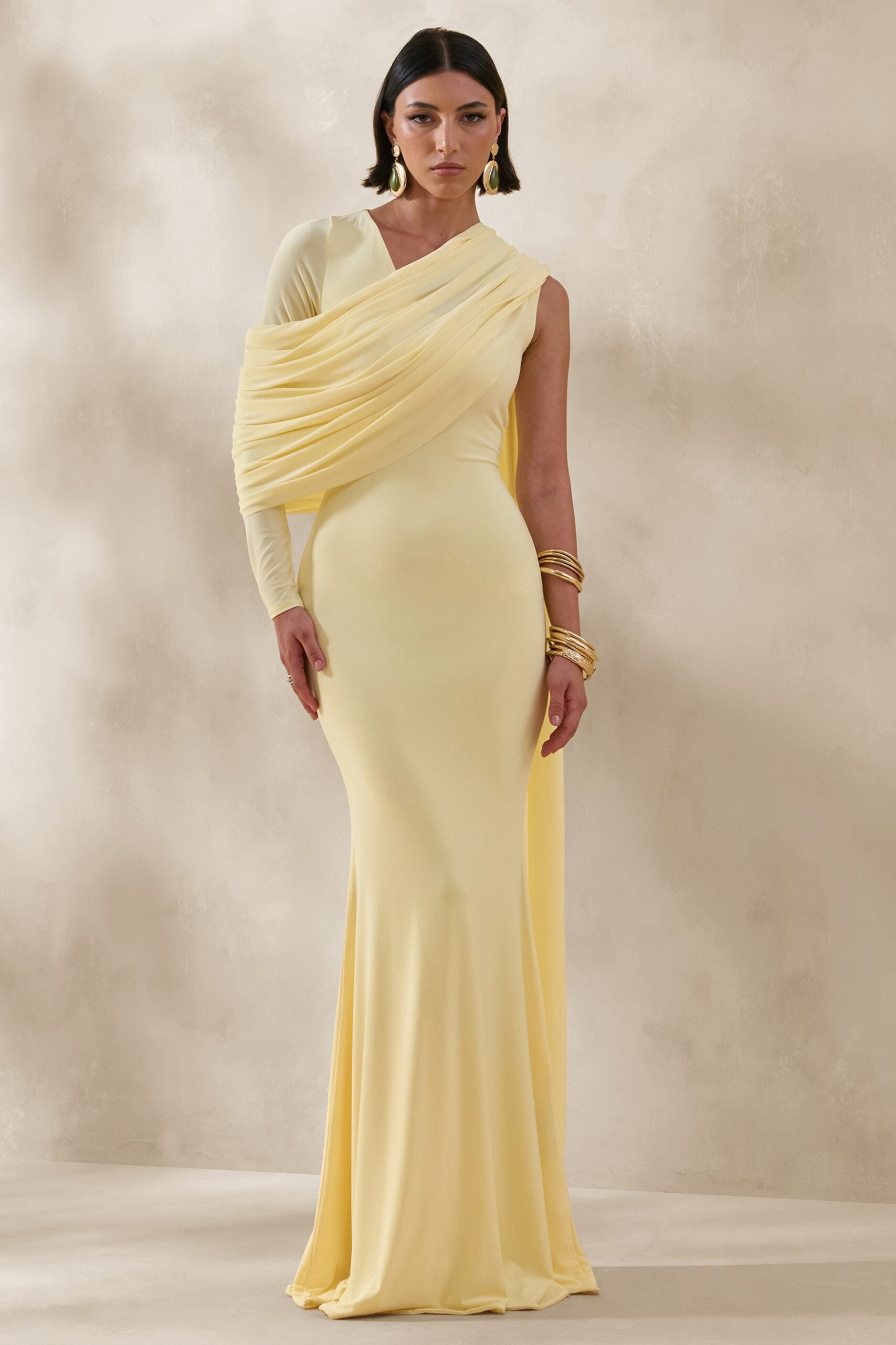 Club L London Rubelle | Lemon Asymmetric-Neck Maxi Dress With Draped-Detailing - Image 1