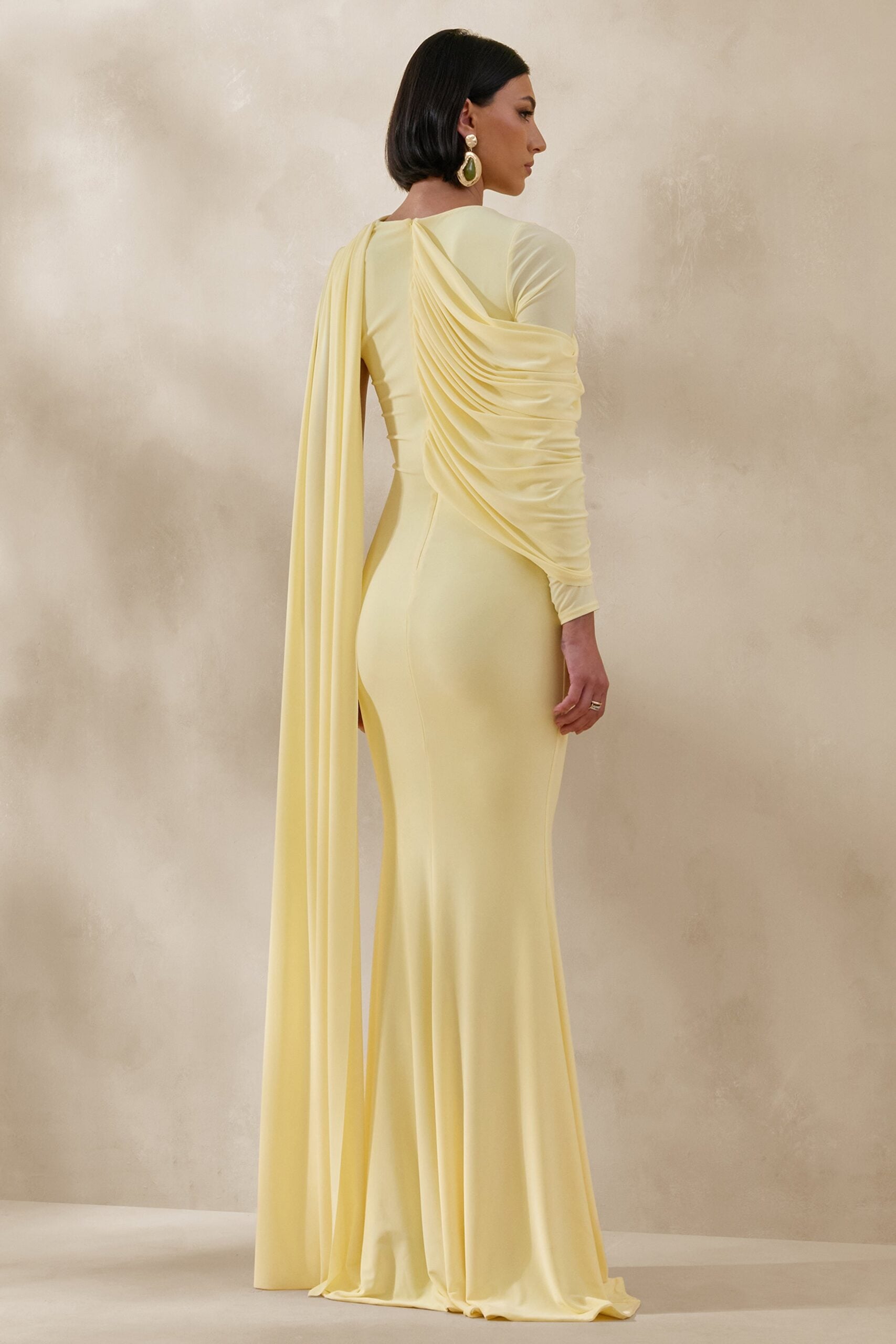 MNCLL131026150712358_2 Club L London Rubelle | Lemon Asymmetric-Neck Maxi Dress With Draped-Detailing - Image 2